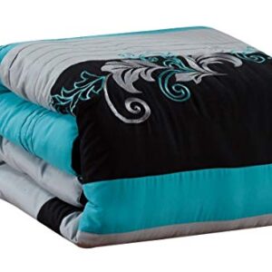 Chezmoi Collection Napa 7-Piece Luxury Leaves Scroll Embroidery Bedding Comforter Set (Queen, Teal Blue/Gray/Black)