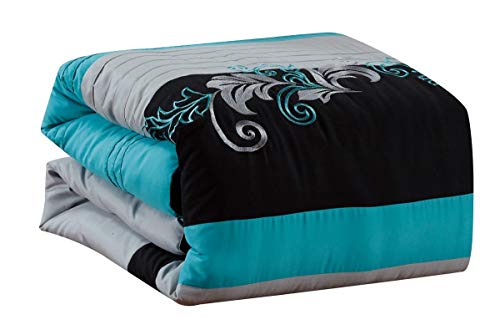 Chezmoi Collection Napa 7-Piece Luxury Leaves Scroll Embroidery Bedding Comforter Set (Queen, Teal Blue/Gray/Black)