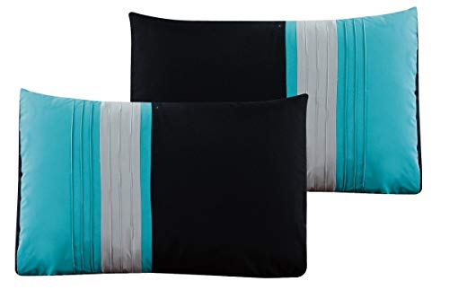 Chezmoi Collection Napa 7-Piece Luxury Leaves Scroll Embroidery Bedding Comforter Set (Queen, Teal Blue/Gray/Black)