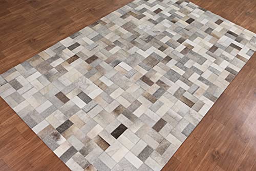 USA RUG Cowhide Grey Patchwork Home Decorative Living Room Area Rug Hand Made Cow Leather Hair (5'x8')