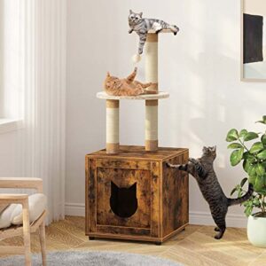 favepaw cat litter box enclosure, cat tree with litter box enclosure, cat litter box furniture with cat tree tower and condo, indoor cat house with sisal scratching post and soft plush perch, brown