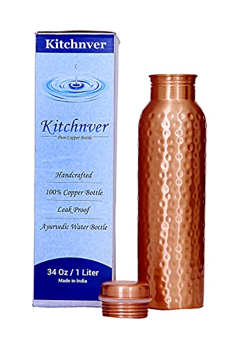 Kitchnver 100percentage Handcrafted Floral Engrave Pure Copper Water Bottle 34 Oz 1 Liter Extra Large Leak Proof Vessel Pot Etched