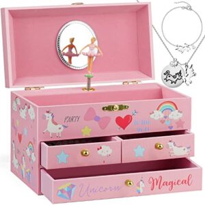 efubaby musical jewelry box for girls with spinning ballerina unicorn design, 3 pullout drawers, unicorn jewelry set included kids jewelry box for little girls valentine gift, waltz of flowers tune