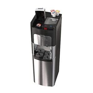 drinkpod stainless steel bottleless water cooler with coffee maker dispenser. hot and cold water cooler and single serve coffee brewer in one