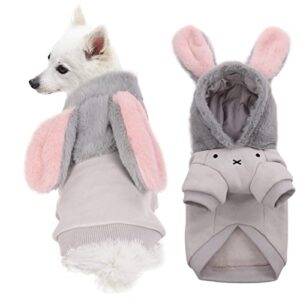 rozkitch plush dog hoodie for small medium dog boy girl, carton rabbit bunny style soft pet costume sweater coat for spring/autumn/winter cold weather puppy halloween christmas outfit with leash hole