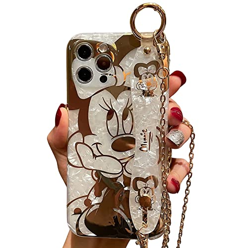 Filaco Cartoon Case for iPhone 12 Pro Max 6.7", Cute Golden Minnie Sparkle Bling Cover with Metal Chain Strap, Wrist Strap Kickstand Soft TPU Shockproof Protective for Women & Girls