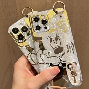 Filaco Cartoon Case for iPhone 12 Pro Max 6.7", Cute Golden Minnie Sparkle Bling Cover with Metal Chain Strap, Wrist Strap Kickstand Soft TPU Shockproof Protective for Women & Girls