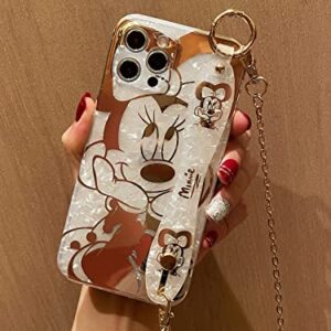 Filaco Cartoon Case for iPhone 12 Pro Max 6.7", Cute Golden Minnie Sparkle Bling Cover with Metal Chain Strap, Wrist Strap Kickstand Soft TPU Shockproof Protective for Women & Girls