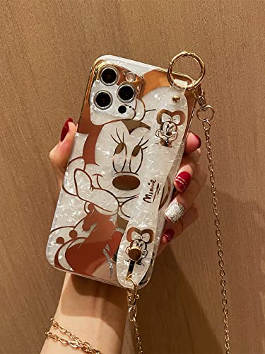 Filaco Cartoon Case for iPhone 12 Pro Max 6.7", Cute Golden Minnie Sparkle Bling Cover with Metal Chain Strap, Wrist Strap Kickstand Soft TPU Shockproof Protective for Women & Girls