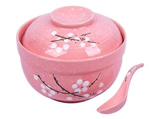 lldayu japanese creative hand-painted ceramic bowls with soup spoon, large 27.5 oz ramen bowls/soup bowls,with heat preservation function, and suitable for microwave oven, and dishwasher- pink