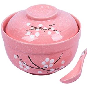 LLDAYU Japanese Creative Hand-Painted Ceramic Bowls with Soup Spoon, Large 27.5 OZ ramen bowls/Soup bowls,with Heat Preservation Function, and Suitable for Microwave Oven, and Dishwasher- pink