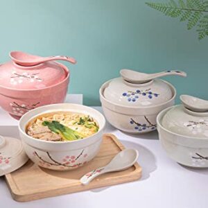 LLDAYU Japanese Creative Hand-Painted Ceramic Bowls with Soup Spoon, Large 27.5 OZ ramen bowls/Soup bowls,with Heat Preservation Function, and Suitable for Microwave Oven, and Dishwasher- pink