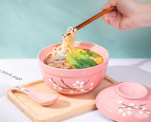 LLDAYU Japanese Creative Hand-Painted Ceramic Bowls with Soup Spoon, Large 27.5 OZ ramen bowls/Soup bowls,with Heat Preservation Function, and Suitable for Microwave Oven, and Dishwasher- pink