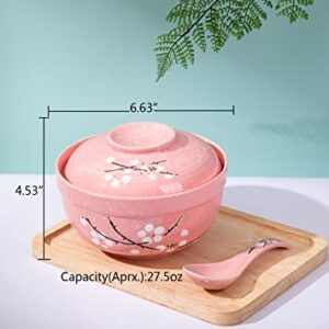 LLDAYU Japanese Creative Hand-Painted Ceramic Bowls with Soup Spoon, Large 27.5 OZ ramen bowls/Soup bowls,with Heat Preservation Function, and Suitable for Microwave Oven, and Dishwasher- pink