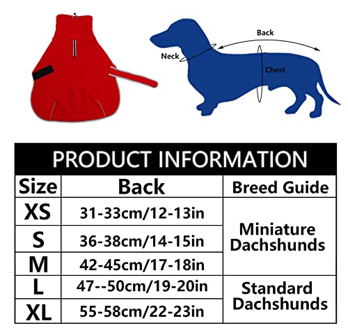 Dachshund Fleece Coats, Perfect for Dachshunds Sausage Weiner Puppy Winter Jacket with Reflective Trim and high Collar, Dog Snowsuit with Adjustable Bands - Red - M