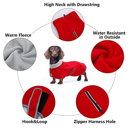 Dachshund Fleece Coats, Perfect for Dachshunds Sausage Weiner Puppy Winter Jacket with Reflective Trim and high Collar, Dog Snowsuit with Adjustable Bands - Red - M