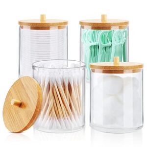 tcjj 4 pack acrylic qtip holder dispenser bathroom jars with bamboo lids, cotton ball pad round swab holder for bathroom accessories storage organizer