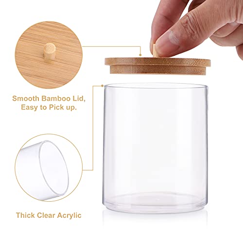 TCJJ 4 Pack Acrylic Qtip Holder Dispenser Bathroom Jars with Bamboo Lids, Cotton Ball Pad Round Swab Holder for Bathroom Accessories Storage Organizer