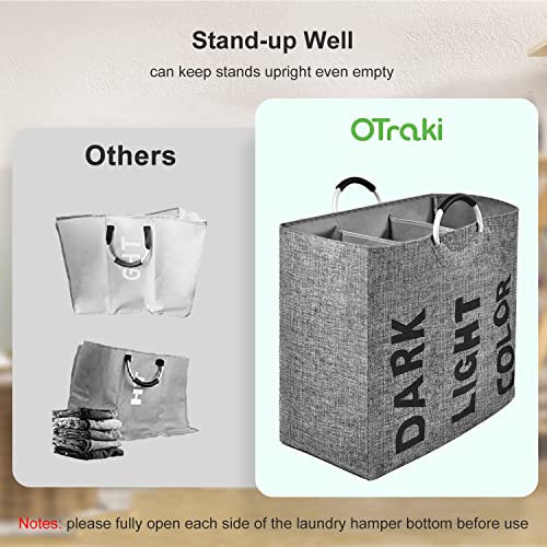 OTraki 3 Sections Laundry Hamper with Handle 106L 3 Compartment Divided Basket for Laundry Heavy Duty Collapsible Dirty Clothes Sorted Bag for School Dorm Bedroom Bathroom Closet Apartment Grey