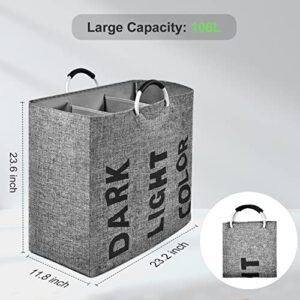 OTraki 3 Sections Laundry Hamper with Handle 106L 3 Compartment Divided Basket for Laundry Heavy Duty Collapsible Dirty Clothes Sorted Bag for School Dorm Bedroom Bathroom Closet Apartment Grey