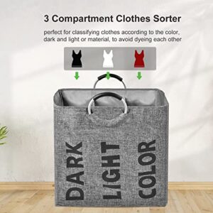 OTraki 3 Sections Laundry Hamper with Handle 106L 3 Compartment Divided Basket for Laundry Heavy Duty Collapsible Dirty Clothes Sorted Bag for School Dorm Bedroom Bathroom Closet Apartment Grey