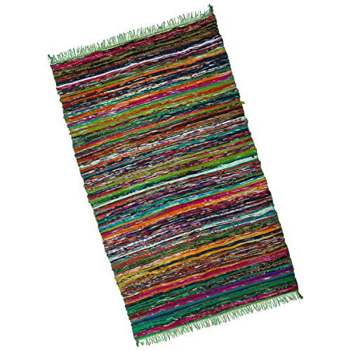 NAQSH Chindi Area Rag Rug 3.5x6 Feet - Recycled Cotton Colorful Reversible Runner Rugs, Multicolor Hand Woven Home Collection,(Green)