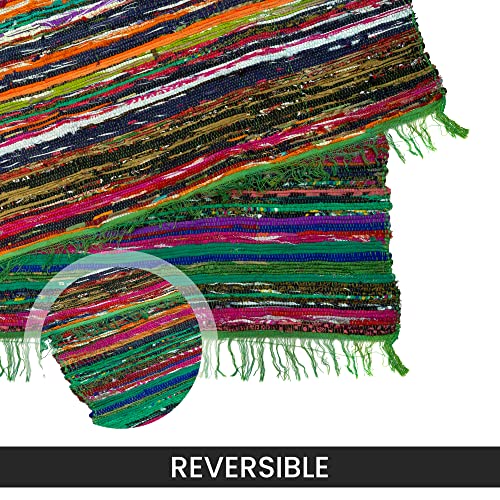 NAQSH Chindi Area Rag Rug 3.5x6 Feet - Recycled Cotton Colorful Reversible Runner Rugs, Multicolor Hand Woven Home Collection,(Green)