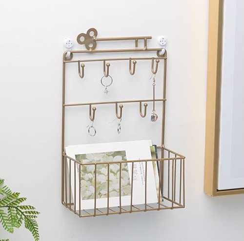 qiuqiu Wall-Mounted Shelf Home Wrought Iron Storage Basket Metal Mail Holder Keychain with Storage Baskets for Mail, Keys, Glasses-Copper