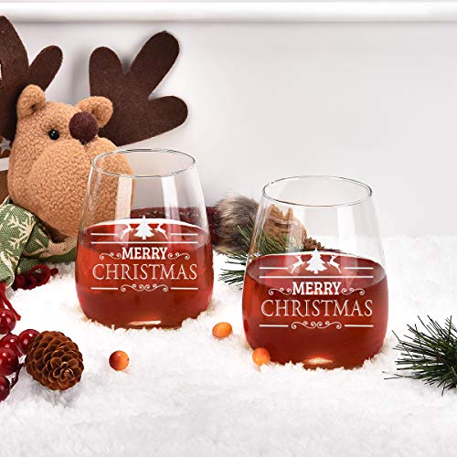 Set of 2 Christmas Wine Glasses, Merry Christmas Stemless Wine Glasses Set, Christmas New Year Gifts for Friends Family Women Men, Christmas Decoration for Christmas Party Couple Party Use 15Oz