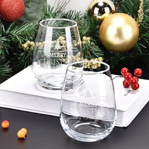 Set of 2 Christmas Wine Glasses, Merry Christmas Stemless Wine Glasses Set, Christmas New Year Gifts for Friends Family Women Men, Christmas Decoration for Christmas Party Couple Party Use 15Oz