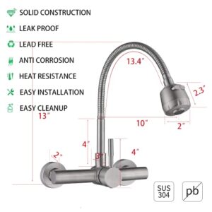 Wall Mount Faucet with Sprayer 7.6-8.4 Inch Center, Commercial Kitchen Sink Faucet, Brushed Nickle Stainless Steel Sink Mixer Tap, Laundry Utility Faucets with Pull Down Sprayer, NSF Lead-Free