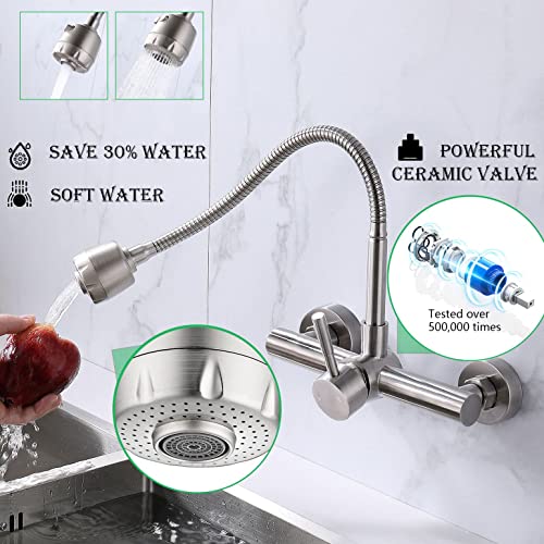 Wall Mount Faucet with Sprayer 7.6-8.4 Inch Center, Commercial Kitchen Sink Faucet, Brushed Nickle Stainless Steel Sink Mixer Tap, Laundry Utility Faucets with Pull Down Sprayer, NSF Lead-Free