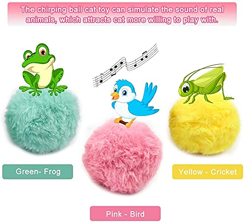 PomeWW Cat Toy Balls, Sing Ball, 3 Pcs, Upgrade Kitten Plush Ball, Newest Lifelike Animal Chirping Sounds-Bird Frog and Cricket, Built-in Catnip, Interactive Cat Kicker Toys for Indoor.