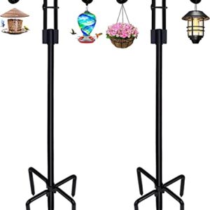 STAUKOK Double Shepherds Hooks for Outdoor, 2 Pack 92 Inch Bird Feeder Pole with 5 Prongs Base, Heavy Duty Garden Hook for Hanging Plant, Lantern, Hummingbird Feeder