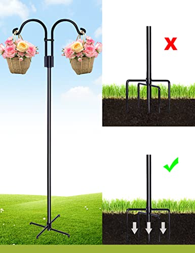 STAUKOK Double Shepherds Hooks for Outdoor, 2 Pack 92 Inch Bird Feeder Pole with 5 Prongs Base, Heavy Duty Garden Hook for Hanging Plant, Lantern, Hummingbird Feeder