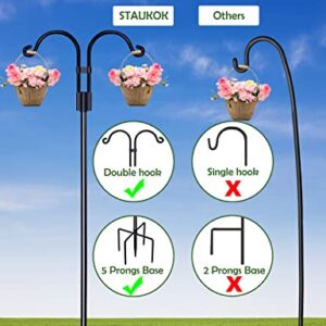 STAUKOK Double Shepherds Hooks for Outdoor, 2 Pack 92 Inch Bird Feeder Pole with 5 Prongs Base, Heavy Duty Garden Hook for Hanging Plant, Lantern, Hummingbird Feeder