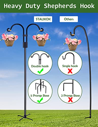 STAUKOK Double Shepherds Hooks for Outdoor, 2 Pack 92 Inch Bird Feeder Pole with 5 Prongs Base, Heavy Duty Garden Hook for Hanging Plant, Lantern, Hummingbird Feeder