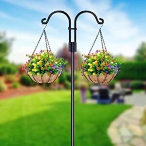 STAUKOK Double Shepherds Hooks for Outdoor, 2 Pack 92 Inch Bird Feeder Pole with 5 Prongs Base, Heavy Duty Garden Hook for Hanging Plant, Lantern, Hummingbird Feeder