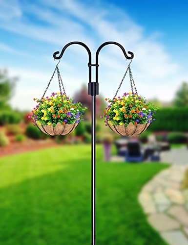 STAUKOK Double Shepherds Hooks for Outdoor, 2 Pack 92 Inch Bird Feeder Pole with 5 Prongs Base, Heavy Duty Garden Hook for Hanging Plant, Lantern, Hummingbird Feeder