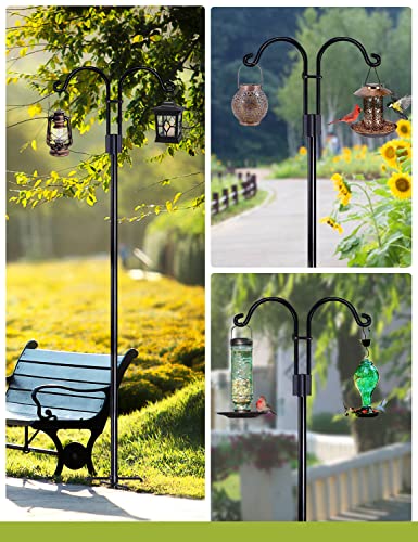 STAUKOK Double Shepherds Hooks for Outdoor, 2 Pack 92 Inch Bird Feeder Pole with 5 Prongs Base, Heavy Duty Garden Hook for Hanging Plant, Lantern, Hummingbird Feeder