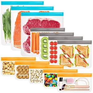 12 pack reusable food storage bags (4 reusable sandwich bags, 5 reusable snack bags, 3 reusable gallon bags) bpa free food grade leakproof reusable freezer bags for for lunch sandwich snack meat fruit