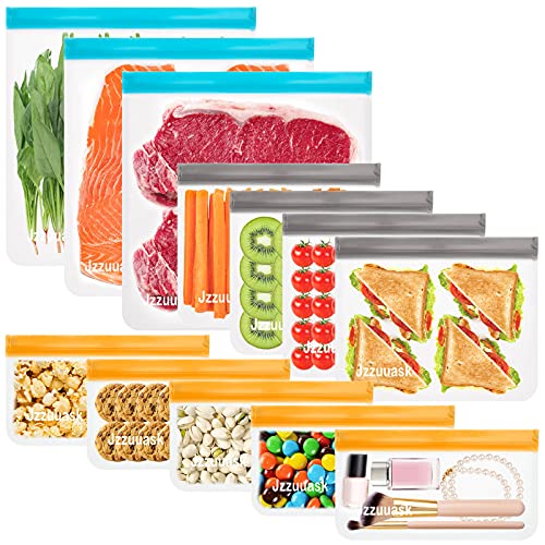 12 Pack Reusable Food Storage Bags (4 Reusable Sandwich Bags, 5 Reusable Snack Bags, 3 Reusable Gallon Bags) BPA Free Food Grade Leakproof Reusable Freezer Bags for for Lunch Sandwich Snack Meat Fruit