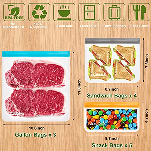 12 Pack Reusable Food Storage Bags (4 Reusable Sandwich Bags, 5 Reusable Snack Bags, 3 Reusable Gallon Bags) BPA Free Food Grade Leakproof Reusable Freezer Bags for for Lunch Sandwich Snack Meat Fruit