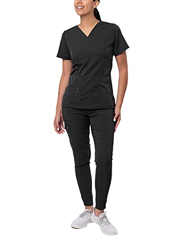 Adar Pro Flawless Plus Scrub Set for Women - Elevated V-Neck Top & Jogger Scrub Pants - P9600 - Black - M