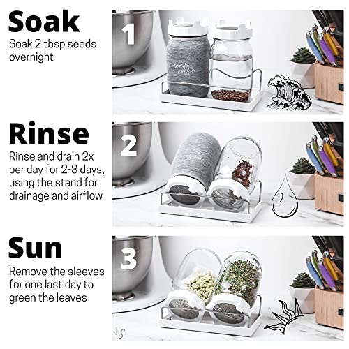 Sun & Sprouts Complete Sprouting Kit - 2 Large Wide-Mouth Mason Jars, Premium Screen lids, Blackout Sleeves, Tray and sprouter Stand - for Growing Broccoli, Mung Bean, Alfalfa Sprout from Seed