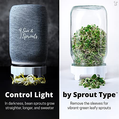 Sun & Sprouts Complete Sprouting Kit - 2 Large Wide-Mouth Mason Jars, Premium Screen lids, Blackout Sleeves, Tray and sprouter Stand - for Growing Broccoli, Mung Bean, Alfalfa Sprout from Seed