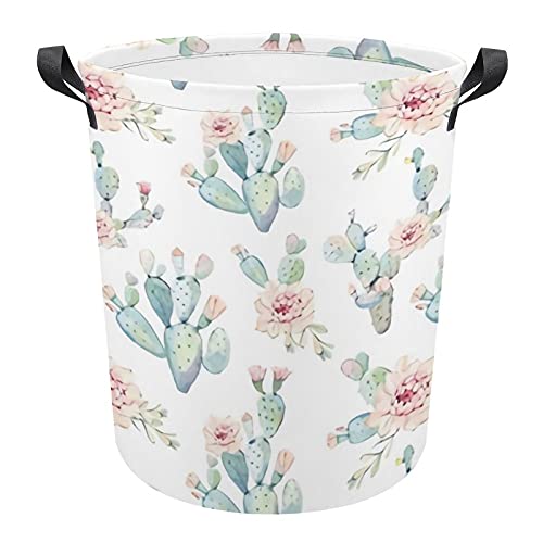 RENJUNDUN Watercolor Cactus Laundry Basket Foldable Laundry Hamper with Handles Collapsible Laundry Bucket for Toy Clothes Book, 17.3'' H x 16.5''D