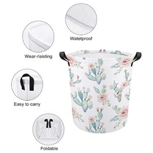 RENJUNDUN Watercolor Cactus Laundry Basket Foldable Laundry Hamper with Handles Collapsible Laundry Bucket for Toy Clothes Book, 17.3'' H x 16.5''D