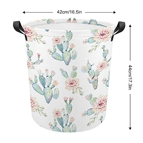 RENJUNDUN Watercolor Cactus Laundry Basket Foldable Laundry Hamper with Handles Collapsible Laundry Bucket for Toy Clothes Book, 17.3'' H x 16.5''D