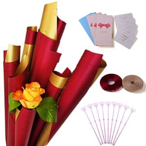 all special 20 sheet waterproof wrapping paper no folding marks double sided floral wrapping paper florist bouquet material, for mother's day party birthdays weddings valentine's day (red + gold)